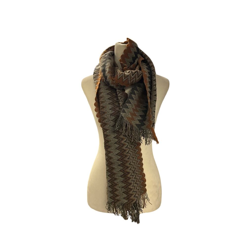 Missoni Italy Zig Zag Knit Wool Blend Long Scarf Wrap Brown Gray Black